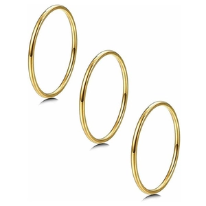 Three minimalist 14K gold plated 1mm thin stackable band rings shown on white background