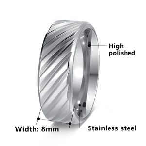 8mm silver stainless steel wedding ring for men with diagonal grooves and high polished finish