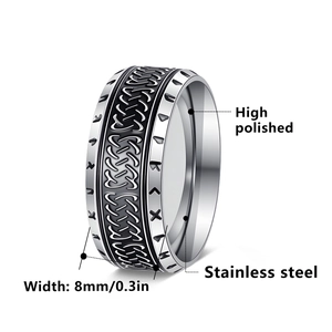 8mm vintage Viking rune stainless steel ring for men with high polished Celtic knot detail