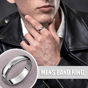 Close-up of polished silver stainless steel band ring for men with high-shine finish