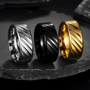 Three-piece textured wide band rings for men in silver, black, and gold stainless steel