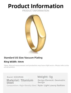 Detailed view of a 4mm width gold titanium steel ring with product size specifications
