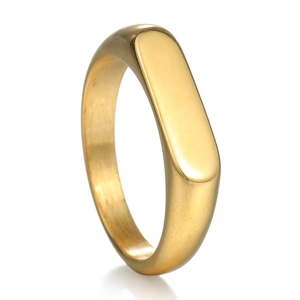 Minimalist gold titanium steel ring with smooth 4mm oval signet top on white background