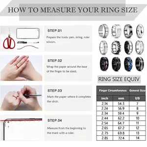 Men's 8mm matte black spinner ring size guide with measuring steps and US size chart