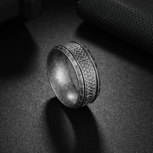 Antique silver Viking rune ring with Celtic knot patterns in black stainless steel