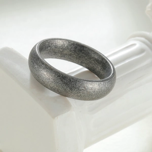Vintage oxidized silver titanium steel ring with a textured matte finish for men