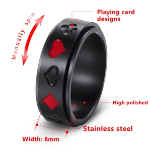 Bague rotative de 8mm en acier inoxydable noir avec motifs de cartes de poker