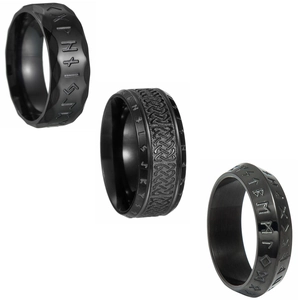 Men's Nordic Viking rune and Celtic braid black titanium steel rings on white backdrop