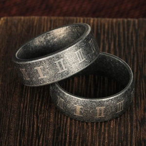 Vintage Distressed Antique Silver Titanium Steel Ring Roman Numeral Engraved Band For Men Women Retro Industrial Style Jewelry