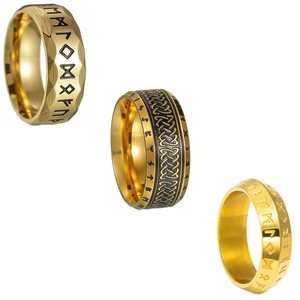 Three-piece gold Viking rune ring set in stainless steel with Nordic knot engravings
