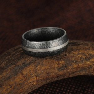 Vintage men's titanium steel ring with distressed rock texture and silver inner line