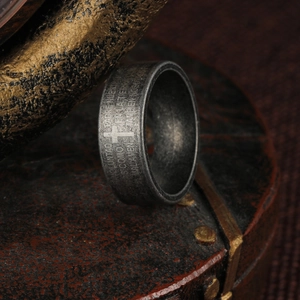 Retro stainless steel ring with Spanish Lord's Prayer and cross engraving in antique silver