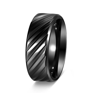 Detailed view of black stainless steel ring featuring unique diagonal texture and polished inner