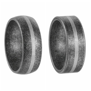 Men's retro distressed steel ring with matte brushed texture and silver inlay