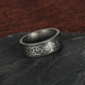 Vintage Tree of Life stainless steel ring with antique silver finish and Celtic knot details