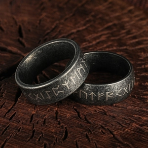 Vintage Stainless Steel Nordic Rune Ring Viking Jewelry For Men Women Retro Distressed Futhark Alphabet Band Ring Gift