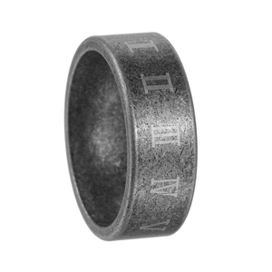Detailed close-up of retro silver stainless steel ring with Roman numeral engravings
