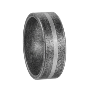 Macro view of vintage grey titanium steel ring with textured finish and smooth center line