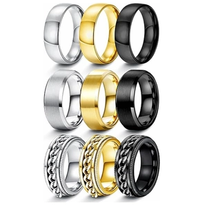 Ensemble de Bagues pour Hommes en Acier Inoxydable Chaîne Industrielle Polie Brossée Bagues Géométriques Or Argent Noir