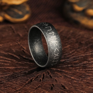 Retro Nordic viking runes ring in antique silver finish with stonewashed titanium steel