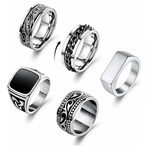 5Pcs Men's Stainless Steel Spinner Chain Rings Set Vintage Punk Viking Carved Signet Band Rings Fashion Jewelry Gift