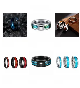 Collage of stainless steel rings with carbon fiber, abalone shell, and wood inlays
