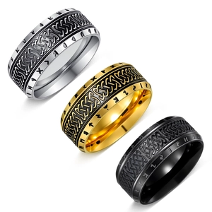 Vintage Viking Rune rings in silver, gold, and black steel with Celtic knot relief