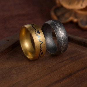Vintage Stainless Steel EKG Heartbeat Ring For Men Women Heart Pattern Band Distressed Retro Couples Jewelry Finger Ring