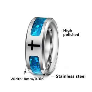 Polished 8mm stainless steel ring featuring a black cross and blue sequin inlay accents