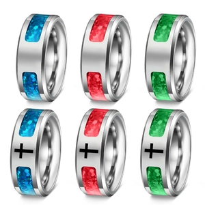 High Polished Stainless Steel Band Ring Inlaid With Artificial Opal Vintage Cross Pattern Religious Punk Style Fashion Jewelry Gift