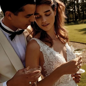 Détail d'une robe de mariée en dentelle blanche avec col en V et broderie florale 3D