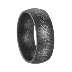 Vintage Nordic rune ring in oxidized titanium steel with antique silver finish and hammer texture
