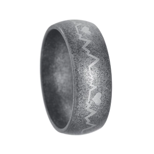 Deep grey brushed titanium steel ring with engraved EKG heartbeat and heart pattern