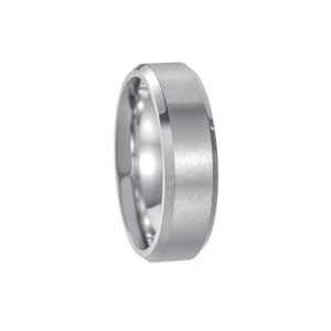 Close-up of 6mm silver titanium steel ring with brushed finish and polished beveled edges