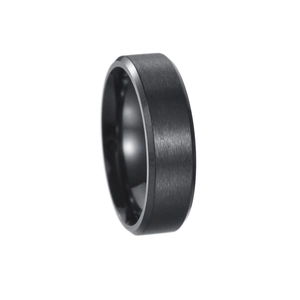 Detailed view of 6mm black brushed metal ring with beveled edges and matte finish