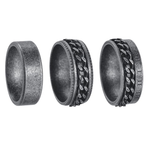 Dreiteiliges Vintage-Herrenring-Set mit drehbaren Kettenliedern und römischen Ziffern