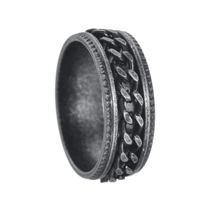 Macro shot of retro stainless steel ring with spinning Cuban chain in silver finish