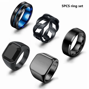Bagues en Acier Inoxydable pour Hommes Chevalière Anneau Chaîne Géométrique Noir Bleu Bijoux pour Hommes Garçons Punk Hip Hop Strass