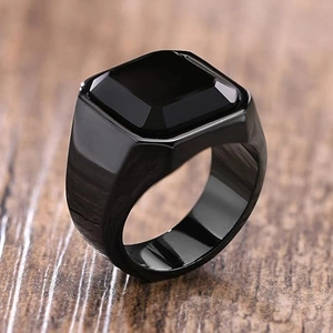 Chevalière pour homme en acier inoxydable 304 noir ornée d'une pierre noire de coupe carrée