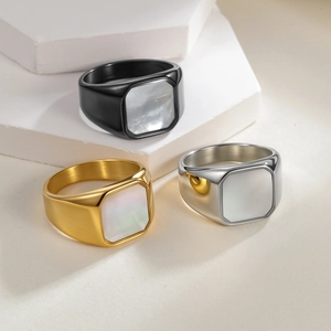 Square Mother Of Artificial Pearl Signet Ring 316 Stainless Steel Geometric Shell Inlay Fashion Jewelry Unisex