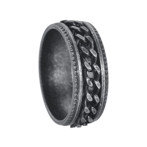Vintage oxidized silver stainless steel spinner ring with industrial chain and gear edges