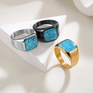 Vintage Men Titanium Steel Turquoise Signet Ring Geometric Square Stone Electroplated Punk Fashion Unisex Finger Jewelry Accessory