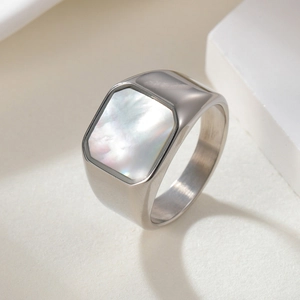 Modern square shell signet ring in polished titanium steel for men with minimalist design