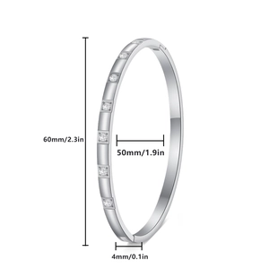4mm silver stainless steel bangle with 8 inlaid cubic zirconia and dimension details