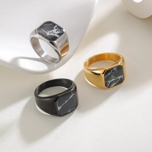 Chevalière Carrée en Acier Inoxydable Vintage pour Hommes Femmes Motif Marbre Géométrique Incrusté Bague Or Argent Noir Bijoux