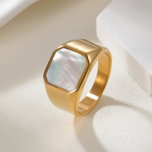 Men's titanium steel gold signet ring featuring a square iridescent mother of pearl inlay