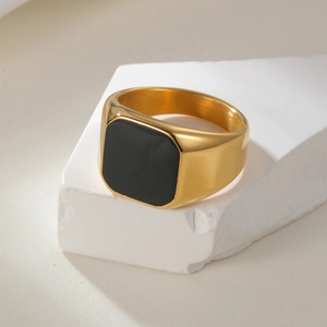 Minimalist square signet ring for men in polished gold with black enamel center inlay