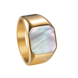Gold stainless steel signet ring featuring a square mother of pearl inlay on white background