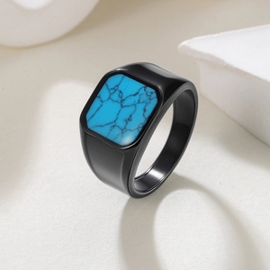 Retro men's black titanium steel ring featuring a square blue turquoise gemstone