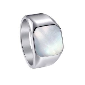 Men's titanium steel square ring with a natural white shell inlay on a white background